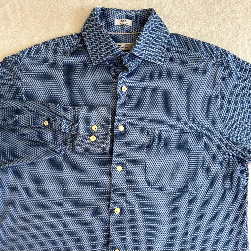 Peter Millar Men's Shirt Size Medium Blue Long Sleeve Button Up Cotton